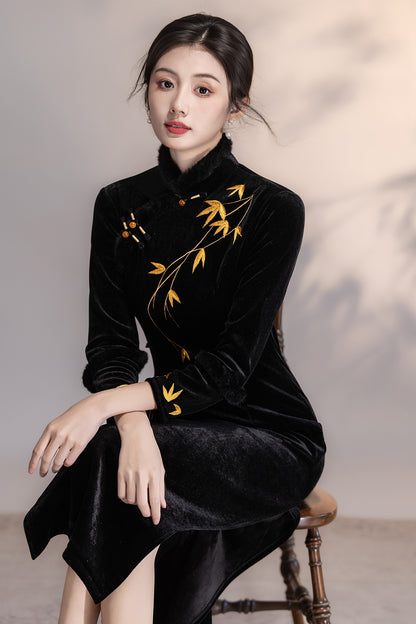 Women's Qipao Jinye 锦叶 Asian Thicken Dress Chinese Modern Hanfu Clothing Velvet Cheongsam Winter
