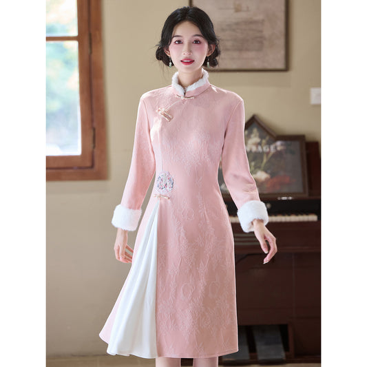Women's Qipao Yanyu 烟雨 Asian Thicken Dress Chinese Modern Hanfu Clothing Velvet Cheongsam Winter