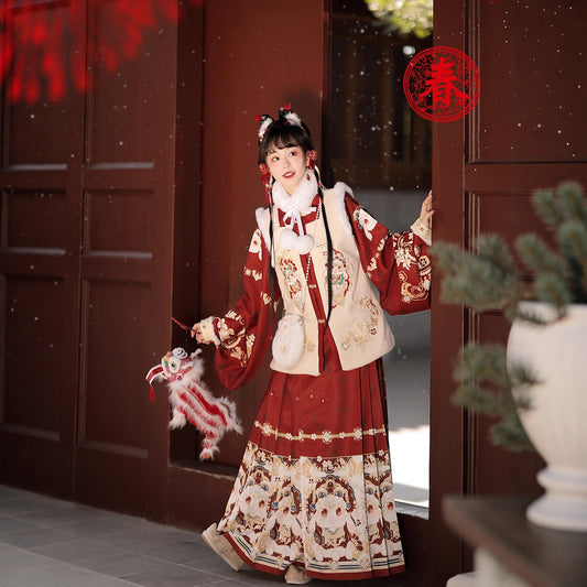 Ming Dynasty Mamian Clothing Futu 福兔 Women's Chinese Traditional Thicken Velvet Lunar New Year Hanfu Autumn Winter