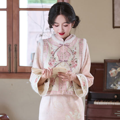 Women's Qipao Yuewanning 月腕凝 Asian Thicken Dress Chinese Modern Hanfu Clothing Velvet Cheongsam Winter