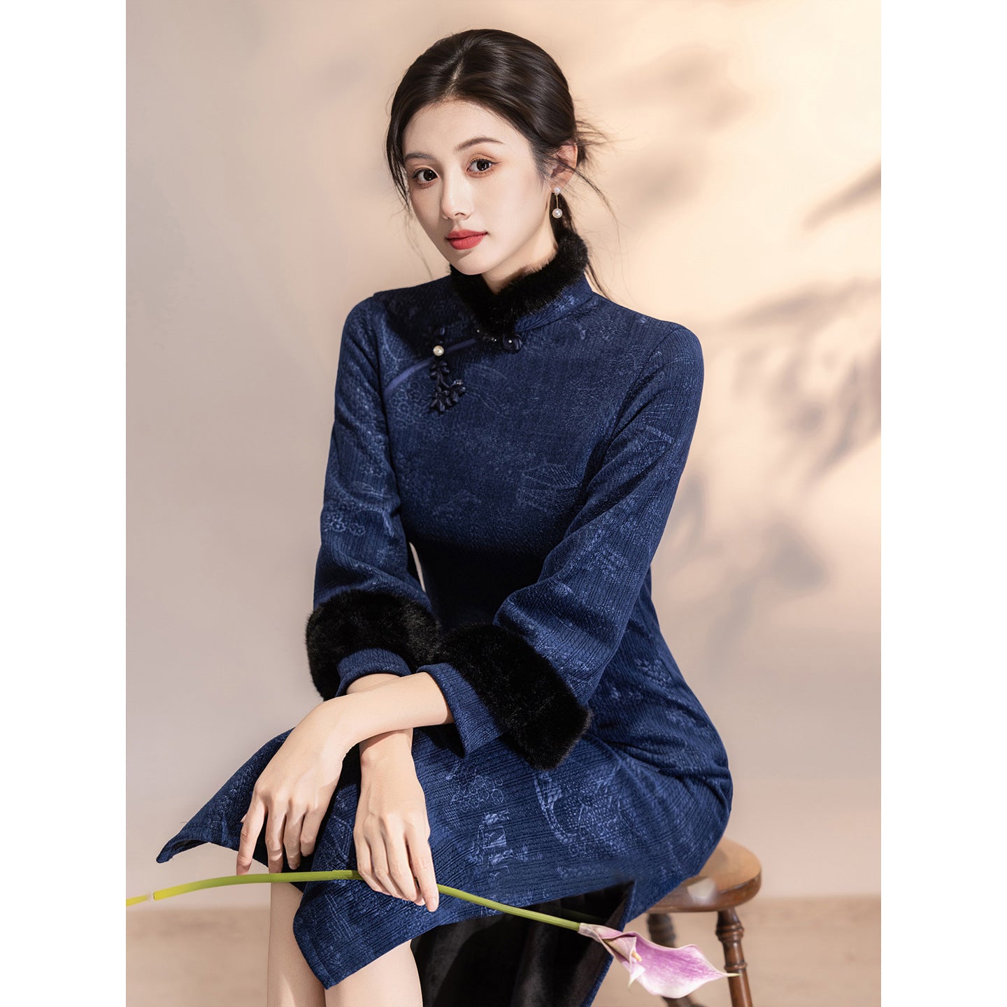 Women's Qipao Tingtai 亭台 Asian Thicken Dress Chinese Modern Hanfu Clothing Velvet Cheongsam Winter