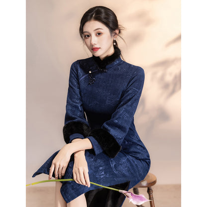 Women's Qipao Tingtai 亭台 Asian Thicken Dress Chinese Modern Hanfu Clothing Velvet Cheongsam Winter