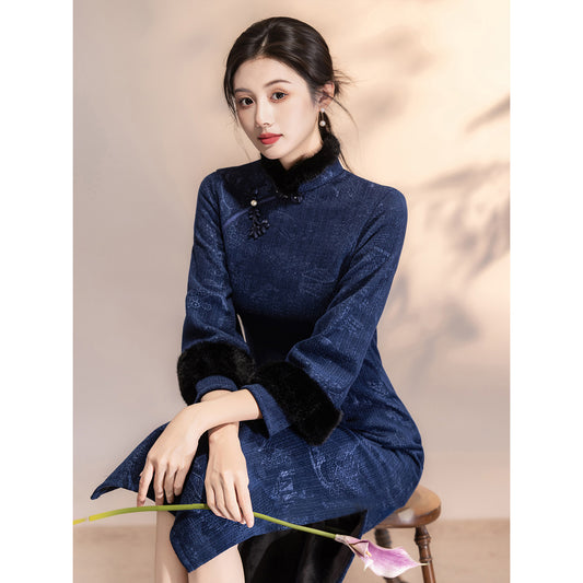 Women's Qipao Tingtai 亭台 Asian Thicken Dress Chinese Modern Hanfu Clothing Velvet Cheongsam Winter