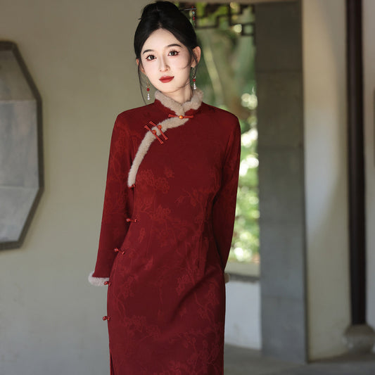 Women's Qipao Cijiu 辞旧 Asian Thicken Dress Chinese Modern Hanfu Clothing Velvet Cheongsam Winter