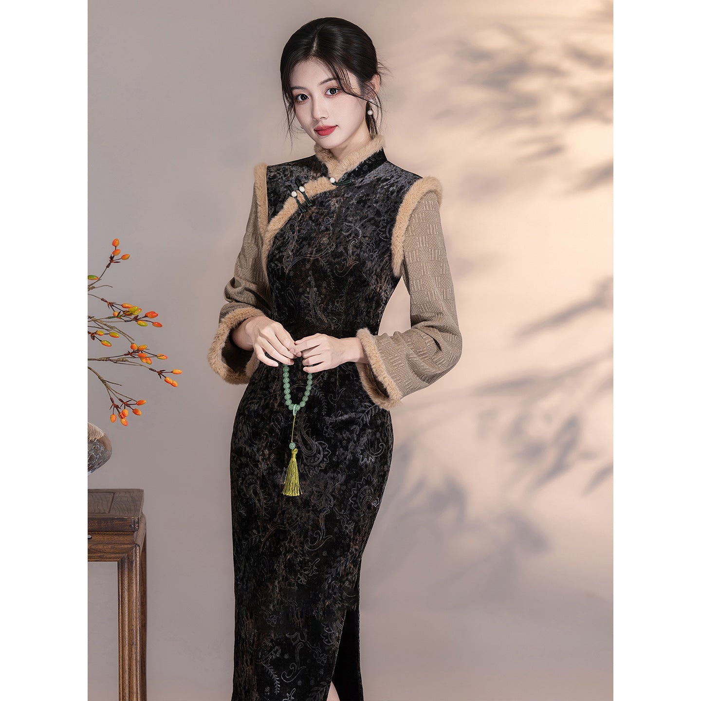 Women's Qipao Guitianle 归田乐 Asian Thicken Dress Chinese Modern Hanfu Clothing Velvet Cheongsam Winter