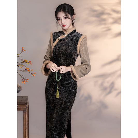 Women's Qipao Guitianle 归田乐 Asian Thicken Dress Chinese Modern Hanfu Clothing Velvet Cheongsam Winter