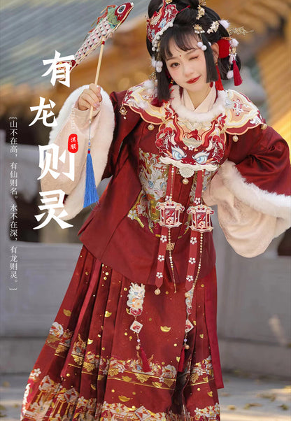 Ming Dynasty Mamian Clothing Linglong 灵龙 Women's Chinese Traditional Thicken Velvet Lunar New Year Hanfu Autumn Winter