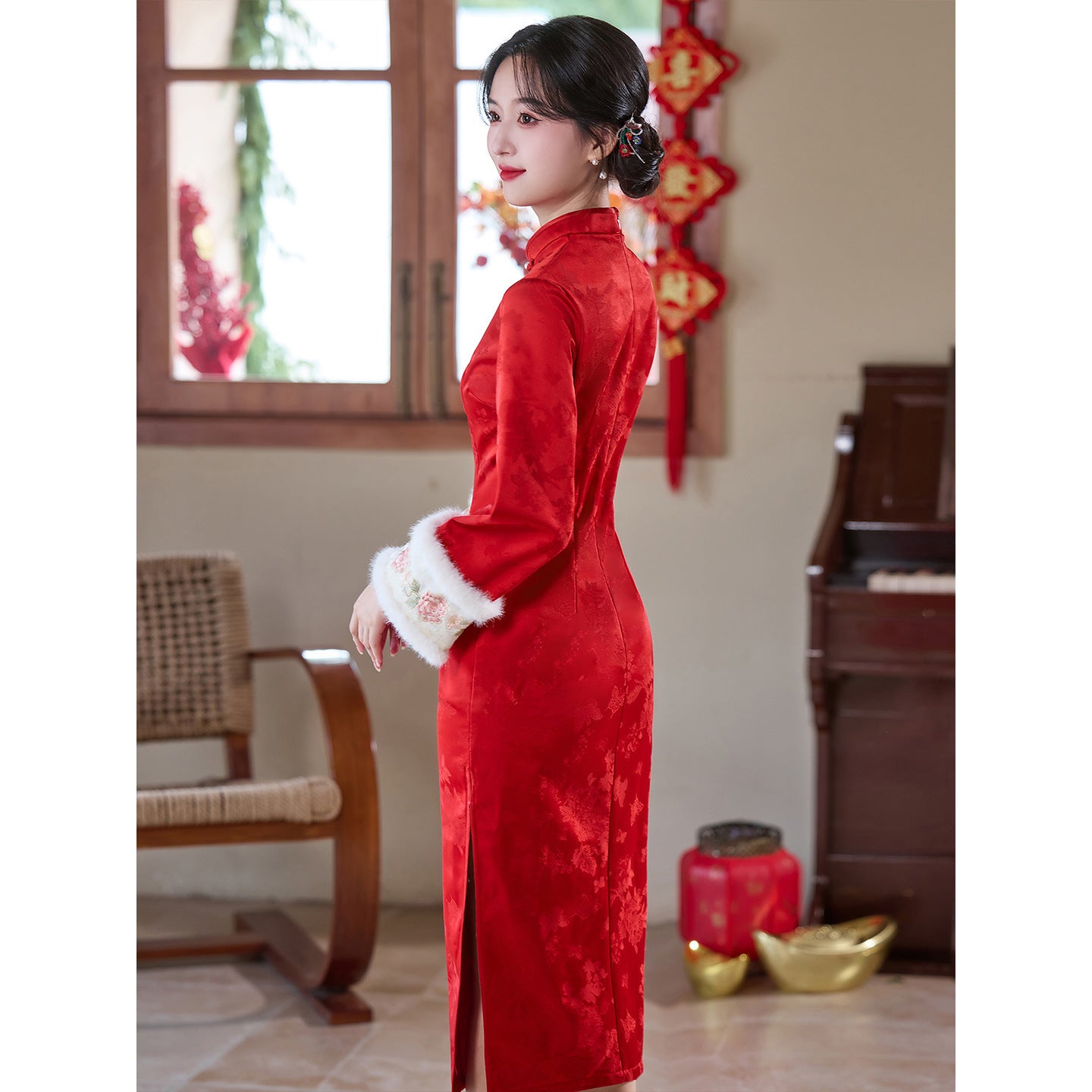 Women's Qipao Xinianle 喜年乐 Asian Dress Chinese Thicken Modern Hanfu Clothing Velvet Cheongsam Winter Autumn