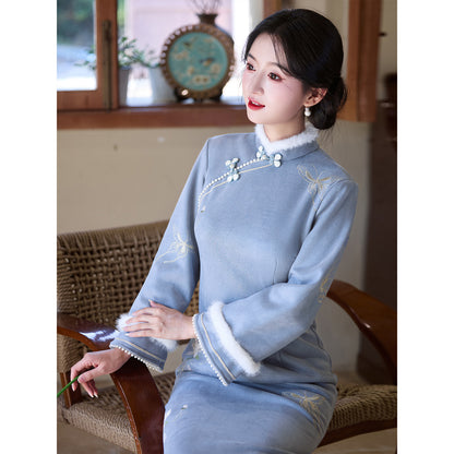 Women's Qipao Feidie 飞蝶 Asian Thicken Dress Chinese Modern Hanfu Clothing Velvet Cheongsam Winter