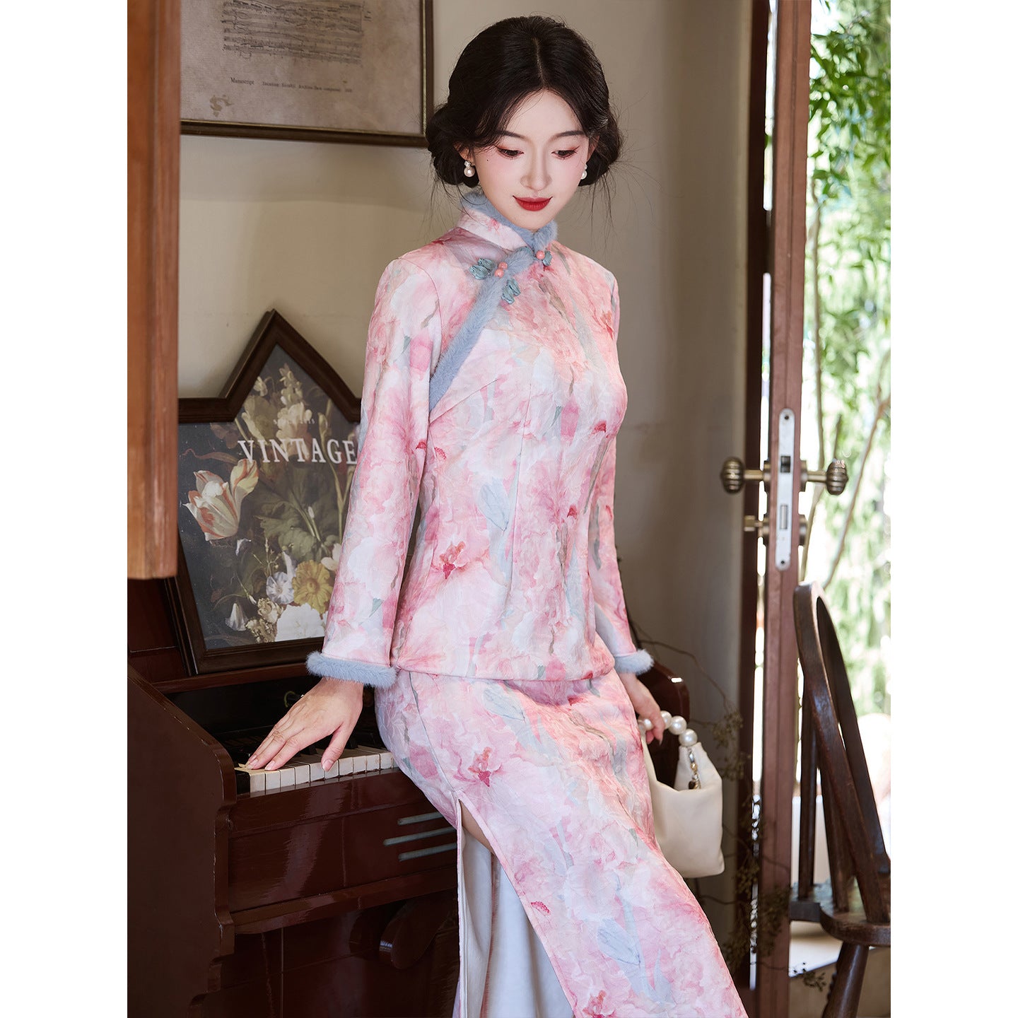 Women's Qipao Rose 玫瑰 Asian Thicken Dress Chinese Modern Hanfu Clothing Velvet Cheongsam Winter