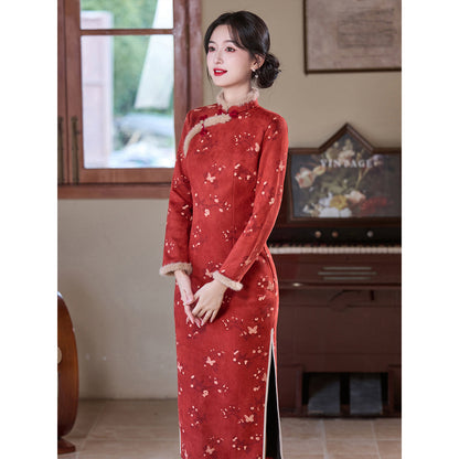 Women's Qipao Meiyue 梅约 Asian Dress Chinese Thicken Modern Hanfu Clothing Velvet Cheongsam