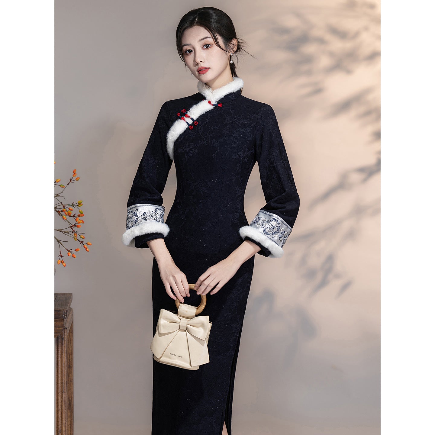 Women's Qipao Qinghua 青花 Asian Thicken Dress Chinese Modern Hanfu Clothing Velvet Cheongsam Winter