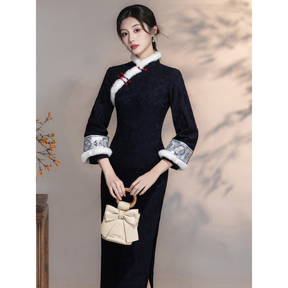 Women's Qipao Qinghua 青花 Asian Thicken Dress Chinese Modern Hanfu Clothing Velvet Cheongsam Winter