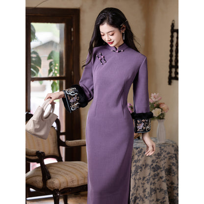 Women's Qipao Shixu 时叙 Asian Thicken Dress Chinese Modern Hanfu Clothing Velvet Cheongsam Winter