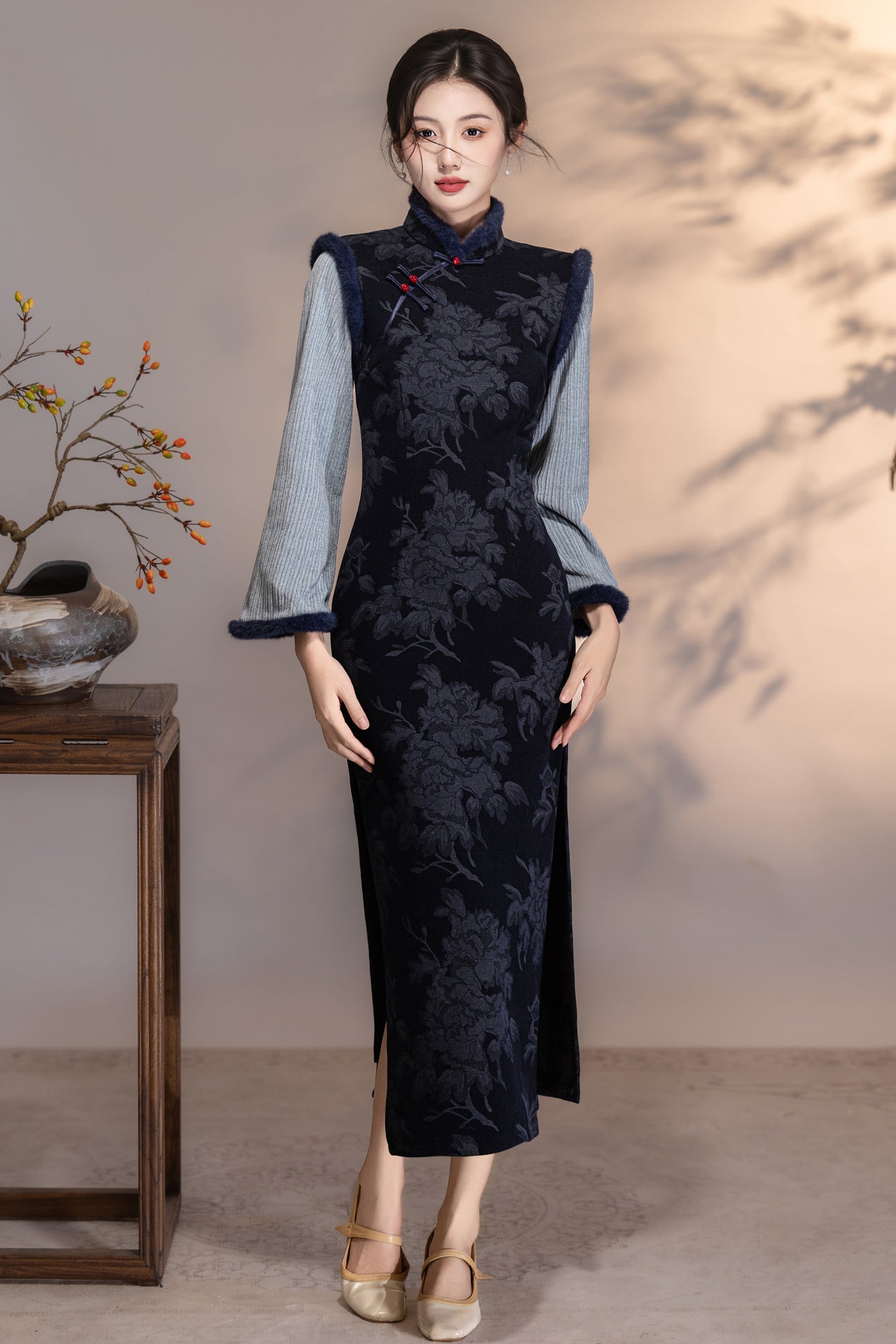 Women's Qipao Yuanwen 愿闻 Asian Thicken Dress Chinese Modern Hanfu Clothing Velvet Cheongsam Winter