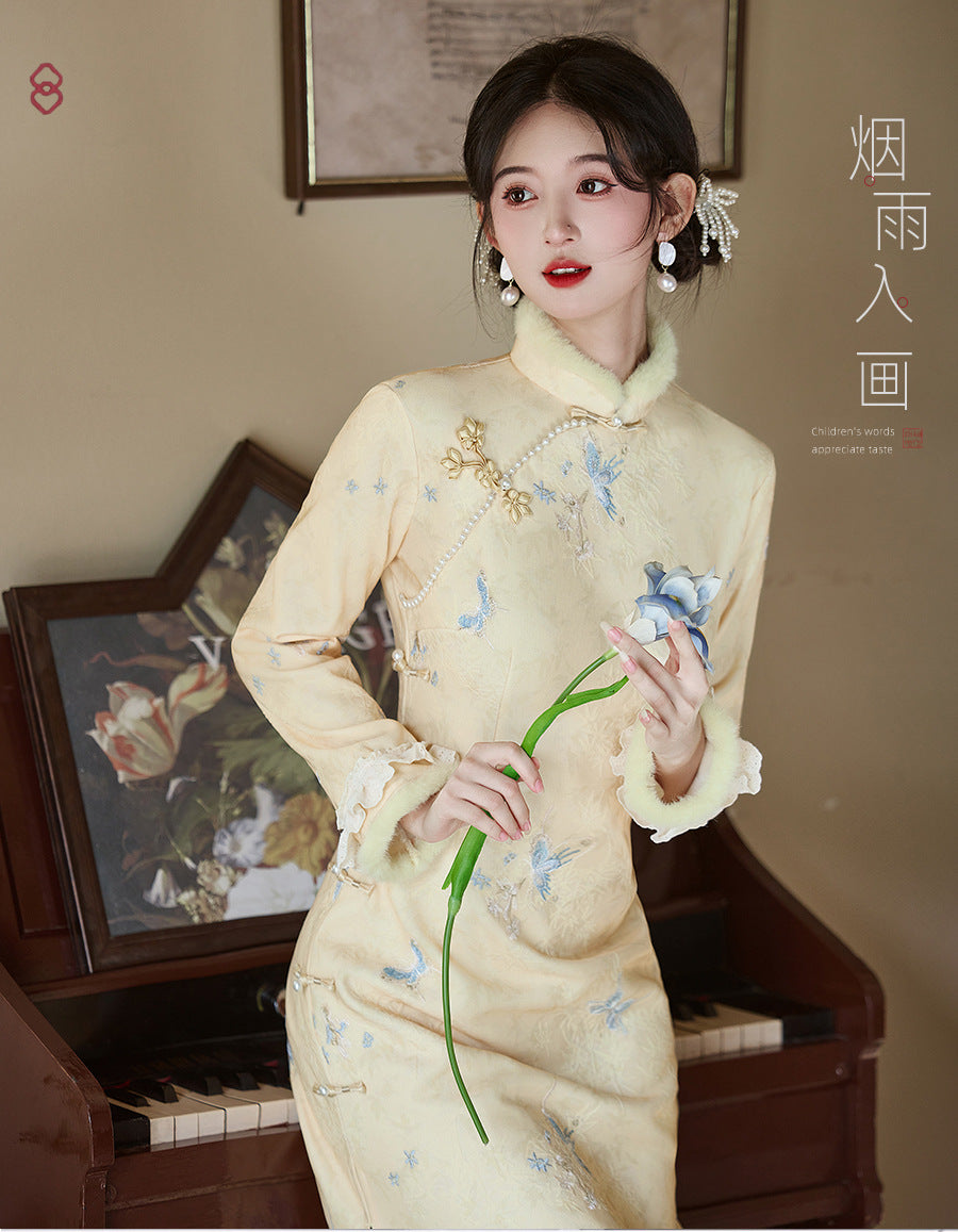 Women's Qipao Dielianhua 蝶恋花 Asian Thicken Dress Chinese Modern Hanfu Clothing Velvet Cheongsam Winter