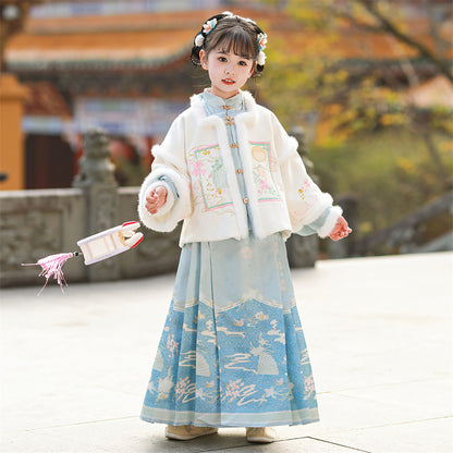 Ming Dynasty Girl's Mamian Skirt Yuanyou 园游 Children's Chinese Velvet Traditional Clothing Hanfu Suit