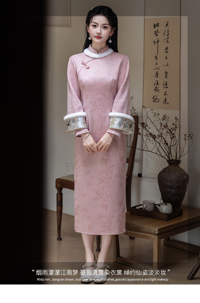 Women's Qipao Chayan 茶烟 Asian Thicken Dress Chinese Modern Hanfu Clothing Velvet Cheongsam Winter