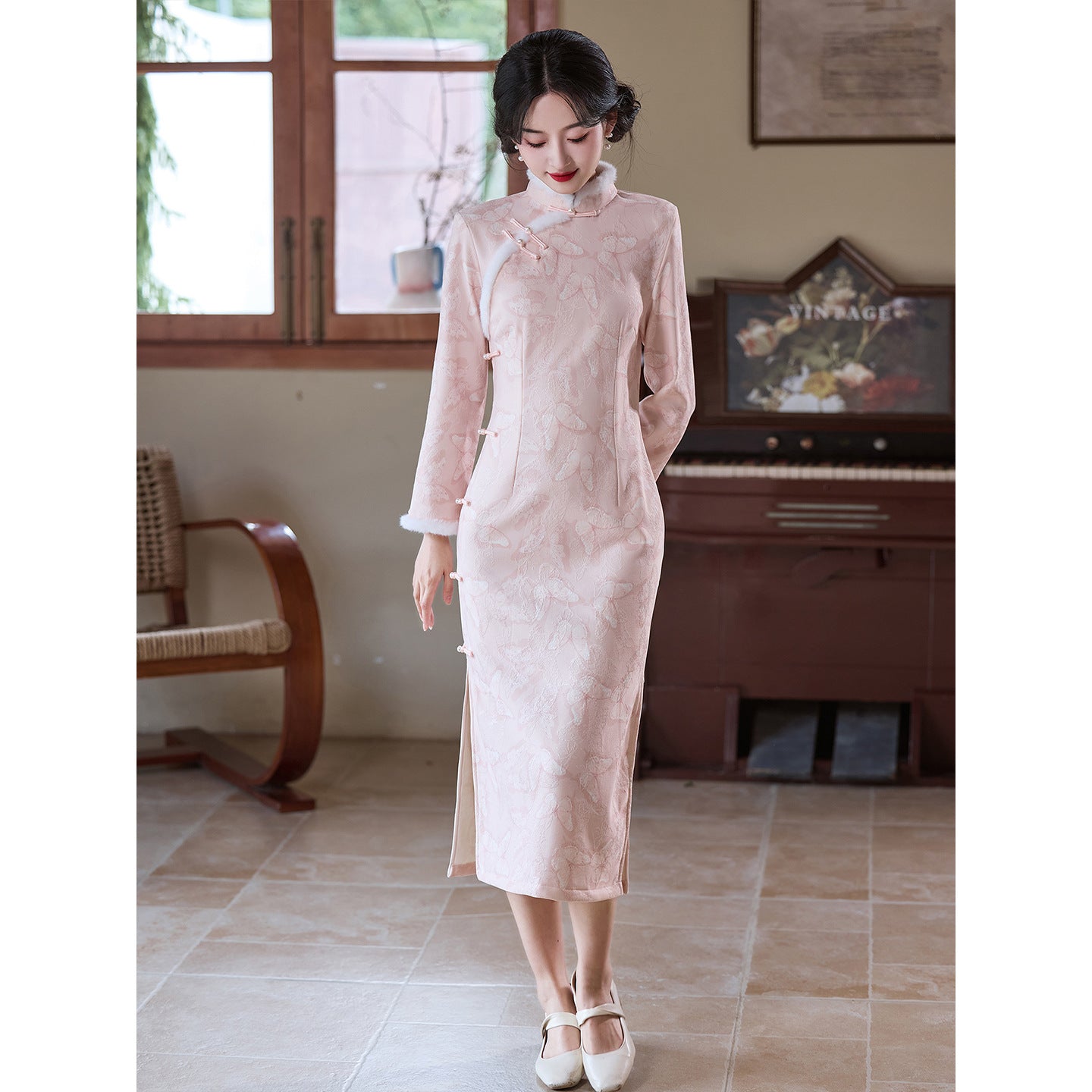 Women's Qipao Fendie 粉蝶 Asian Thicken Dress Chinese Modern Hanfu Clothing Velvet Cheongsam Winter