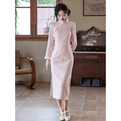 Women's Qipao Fendie 粉蝶 Asian Thicken Dress Chinese Modern Hanfu Clothing Velvet Cheongsam Winter