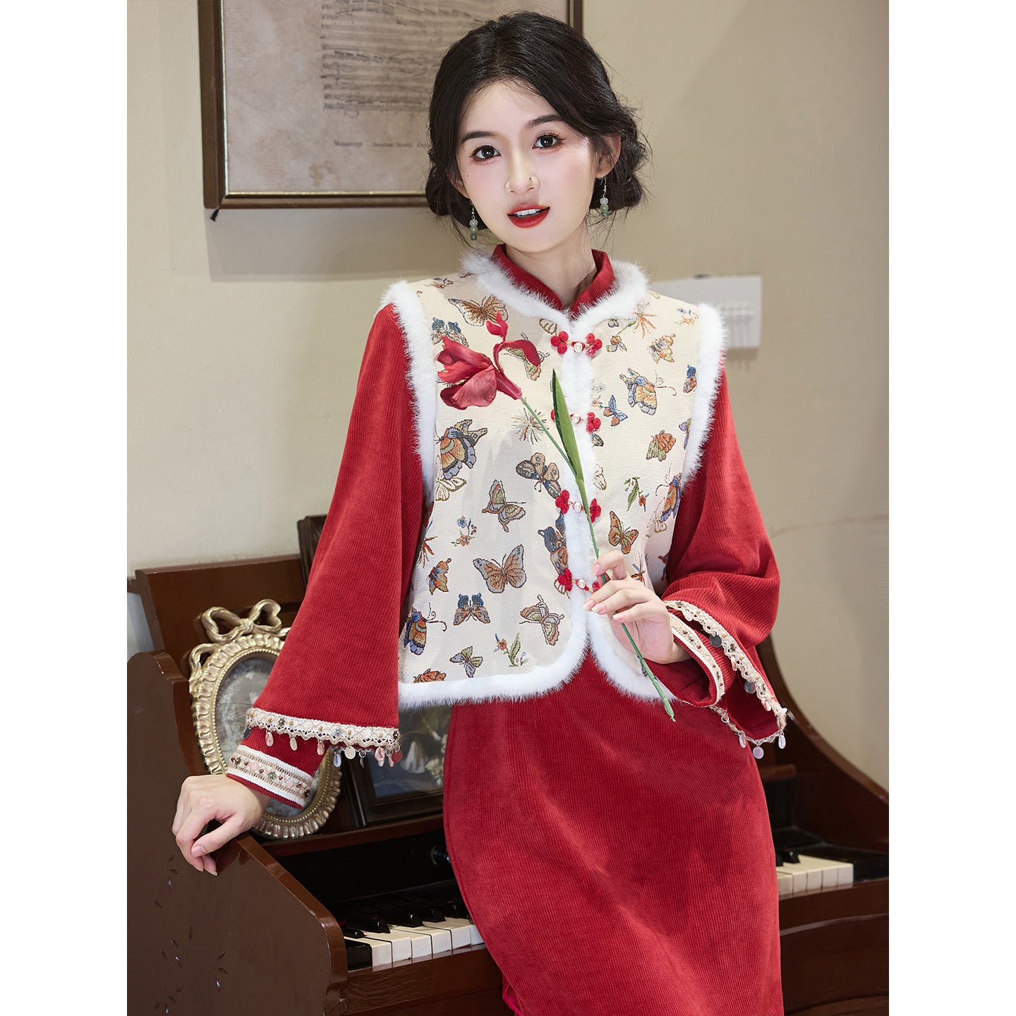Women's Qipao Xiangling 香菱 Asian Thicken Dress Chinese Modern Hanfu Clothing Velvet Cheongsam Winter