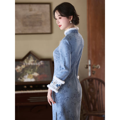 Women's Qipao Ruyu 如玉 Asian Thicken Dress Chinese Modern Hanfu Clothing Velvet Cheongsam Winter