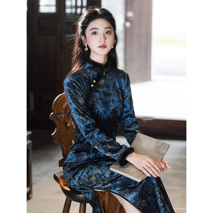 Women's Qipao Sucheng 苏城 Asian Thicken Dress Chinese Modern Hanfu Clothing Velvet Cheongsam Winter