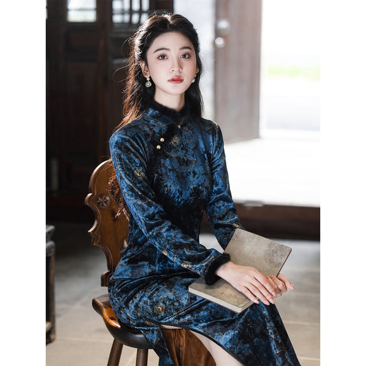 Women's Qipao Sucheng 苏城 Asian Thicken Dress Chinese Modern Hanfu Clothing Velvet Cheongsam Winter